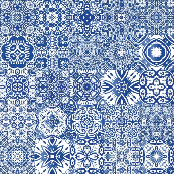 Portuguese Ornamental Azulejo Ceramic Kit Vector Seamless Patterns Modern Design — Stock Vector