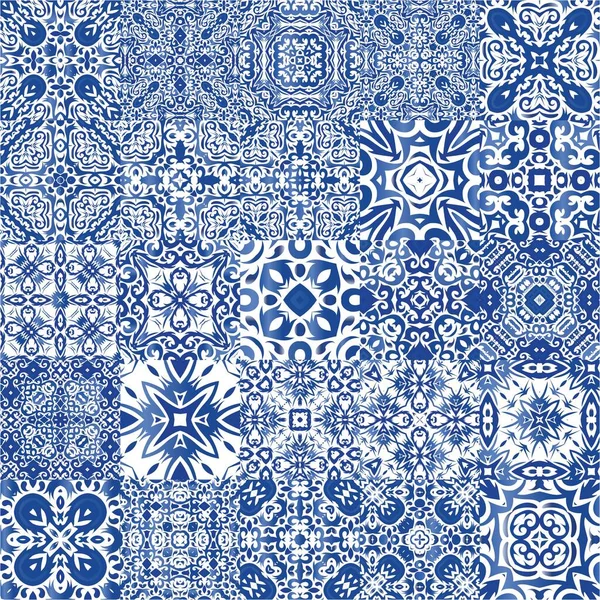 Antique Portuguese Azulejo Ceramic Collection Vector Seamless Patterns Fashionable Design — Stock Vector