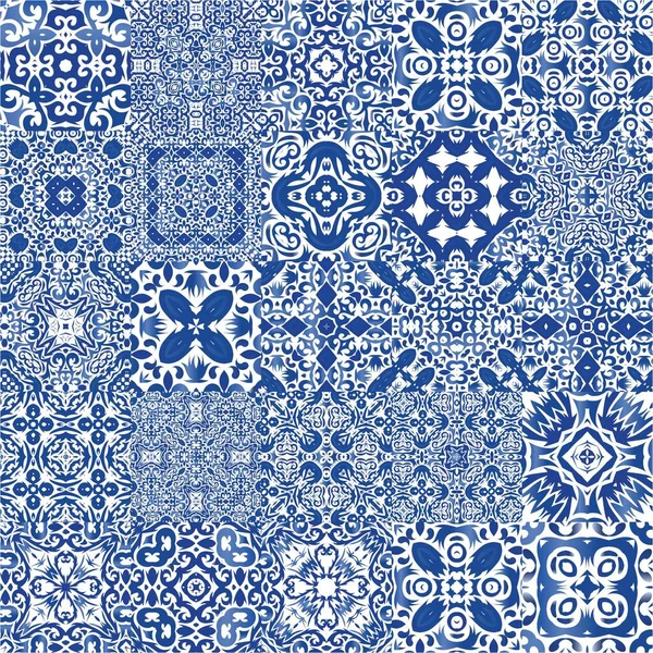 Antique Portuguese Azulejo Ceramic Modern Design Kit Vector Seamless Patterns — Stock Vector