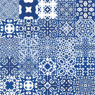 Seramik fayanslar azulejo portugal. Yaratıcı tasarım. Vektörsüz desenlerin toplanması. Tişört, hatıra defteri, çarşaf, akıllı telefon çantaları veya çantalar için mavi etnik altyapı.