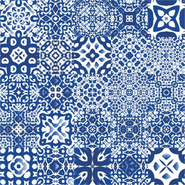Seramik fayanslar azulejo portugal. Bir dizi vektörsüz şablon. Yaratıcı tasarım. Tişört, hatıra defteri, çarşaf, akıllı telefon çantaları veya çantalar için mavi etnik altyapı.