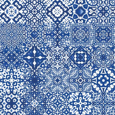 Dekoratif renk seramik azulejo fayansları. Grafik tasarımı. Bir dizi vektörsüz şablon. Baskı, web arkaplanı, yüzey dokusu, havlu, yastık, duvar kağıdı için mavi folklor süslemeleri.