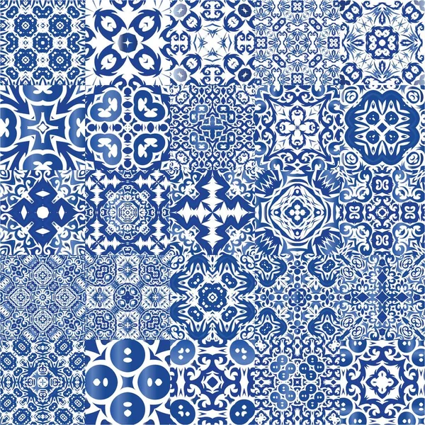装饰色陶瓷偶极光瓷砖 矢量无缝模式的集合 原来的设计 用于印刷 网络背景 表面纹理 壁纸的蓝色民俗装饰品 — 图库矢量图片