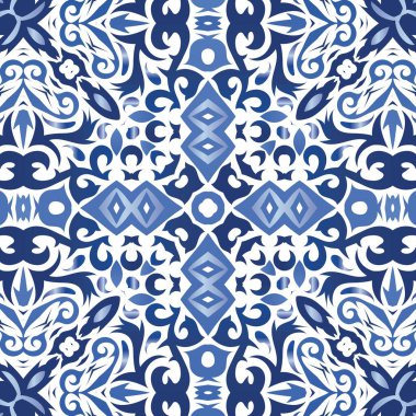 Antika Portekiz azulejo seramiği. Yaratıcı tasarım. Vektörsüz desenli el ilanı. Koleksiyon defteri, akıllı telefon kılıfları, tişörtler, çantalar ve çarşaflar için mavi ve soyut bir dekor.