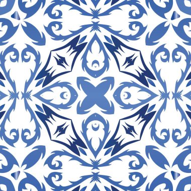 Portekiz azulejo 'sunda etnik seramik fayans. Mutfak tasarımı. Vektörsüz model kavramı. Yüzey dokusu, havlu, yastık, duvar kağıdı, baskı, web arkaplanı için mavi vintage süs.