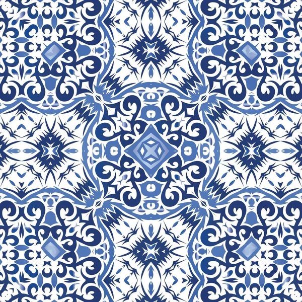 Ornamentale Azulejo Portugal Fliesen Dekor Vektor Nahtlose Mustergitter Badezimmerdesign Blauer — Stockvektor