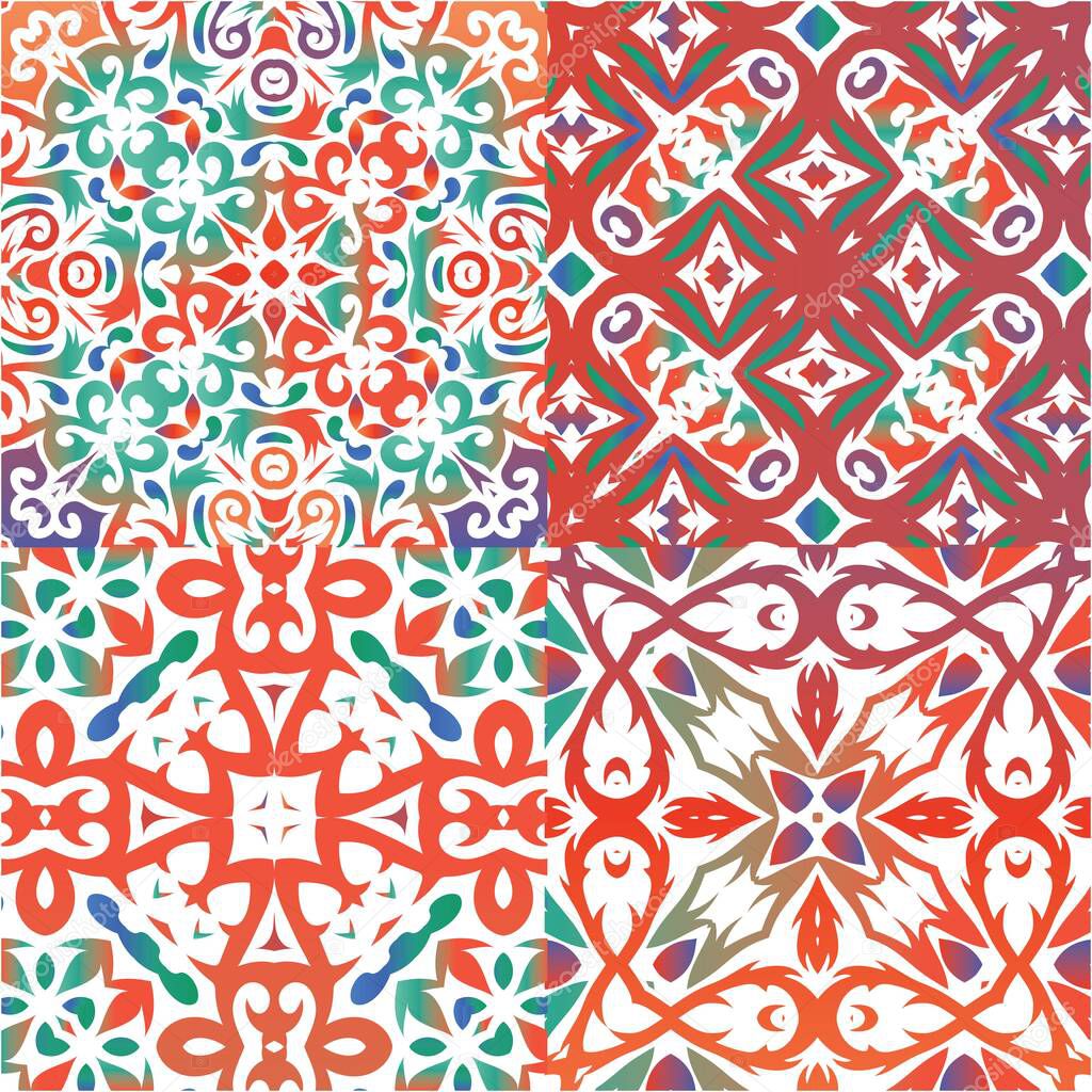Ornamental talavera mexico tiles decor. Hand drawn design. Kit of vector seamless patterns. Red gorgeous flower folk prints for linens, smartphone cases, scrapbooking, bags or T-shirts.