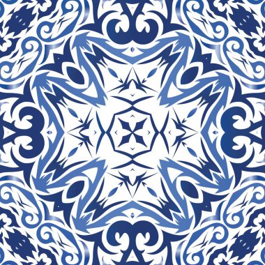 Portekiz azulejo 'sunda etnik seramik fayans. Vektör kusursuz desen çizimi. Minimum tasarım. Yüzey dokusu, havlu, yastık, duvar kağıdı, baskı, web arkaplanı için mavi vintage süs.