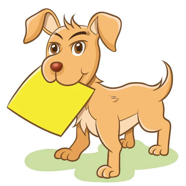 Vektor Anjing Memegang Kertas Kuning Kosong Label Catatan - Stok Vektor
