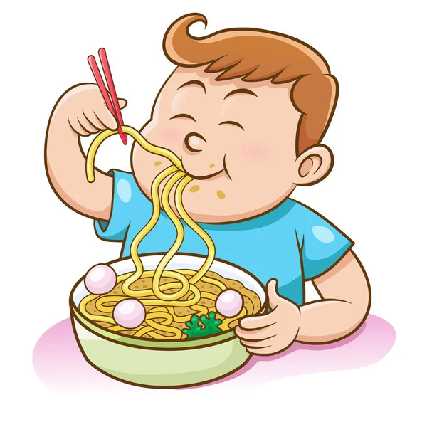 Children Boy Eating Noodles Chopsticks Cartoon — Stock Vector