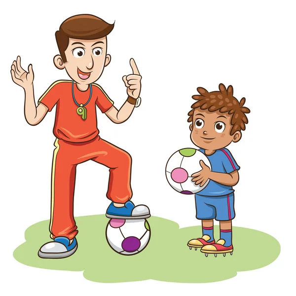 Soccer Coach and the kids Players. — Stock Vector