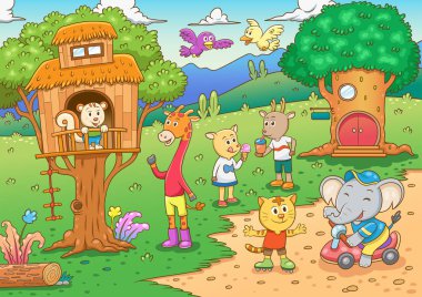 ağaç evde yaşayan vahşi hayvan illüstrasyon karikatür, içi boş, basit degradeler, hiçbir etkisi, hayır ağaç kafes, kolay düzenleme için ayrı grubunda yok Transparencies.All.