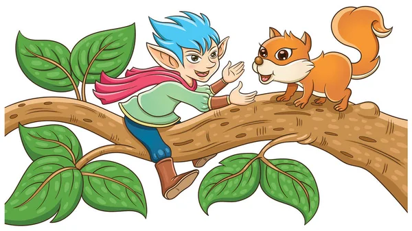 Cute Elf Fairy Standing Tree Branch Little Squirrel Friend — Stock Vector