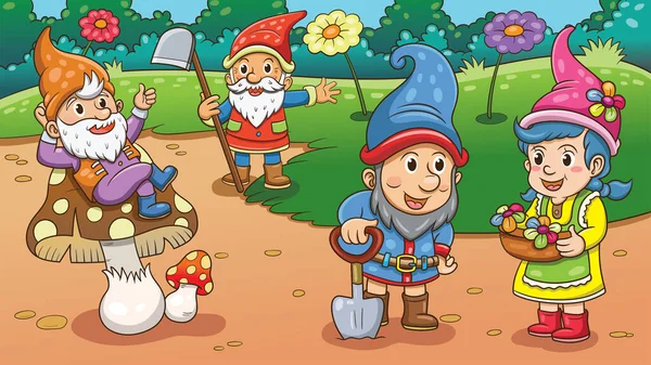 Gnomes Dans Paysage Jardin Dessin Animé — Image vectorielle