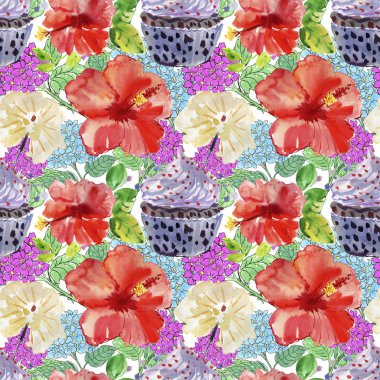 Kırmızı çiçekler ve cupcakes, suluboya resim ile Seamless modeli