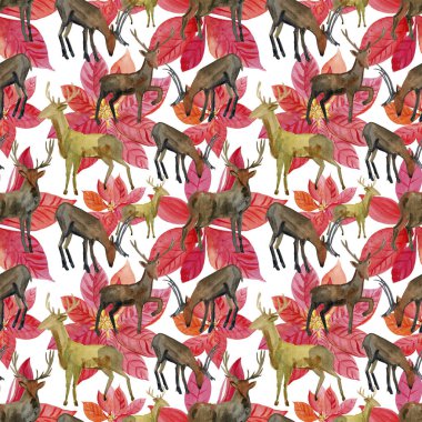 Sulu Boya Dikişsiz desen kar beyaz geyik, Vintage neşeli Noel ve mutlu yeni yıl çizim ile.