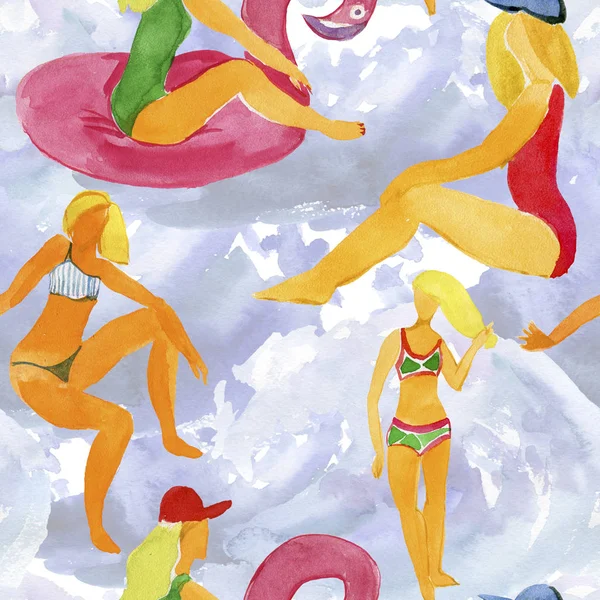 Girls Floating Swimming Pool Pink Flamingo Seamless Watercolor Pattern — Stock Photo, Image
