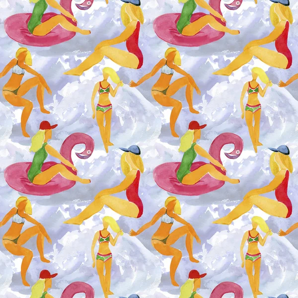 Girls Floating Swimming Pool Pink Flamingo Seamless Watercolor Pattern — Stock Photo, Image