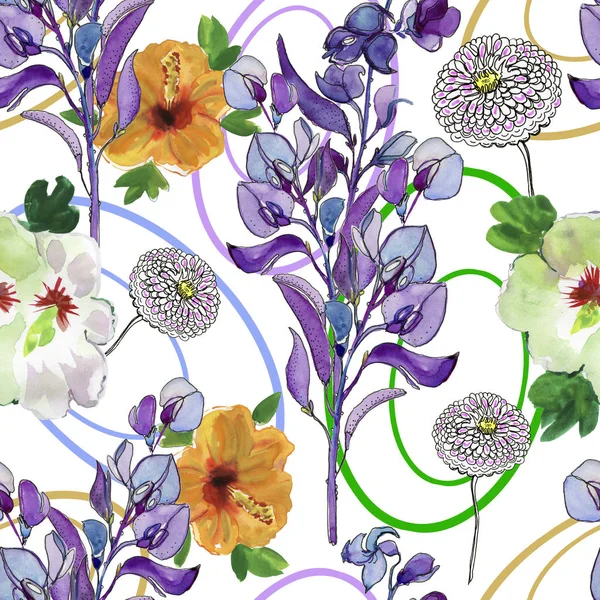 手描き水彩花パターン シームレスな花柄 明るいカラフルな花のファブリックのテクスチャです 花のギフトの紙のテクスチャ — ストック写真