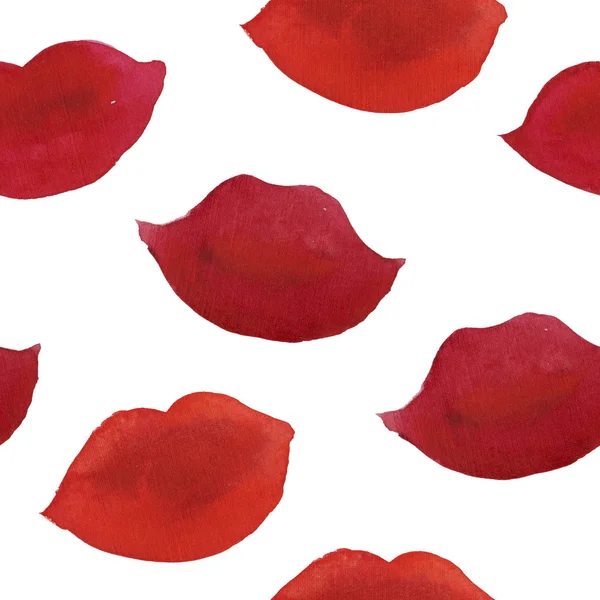 手描き水彩ファッション図口紅キスします 赤い唇と女性のシームレスなパターン ロマンチックな背景 — ストック写真