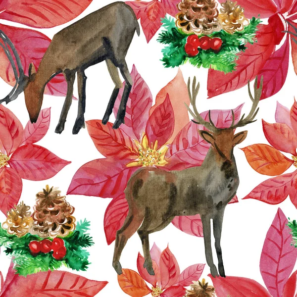 Watercolor Seamless Pattern Snow White Deer Vintage Merry Christmas Happy — Stock Photo, Image