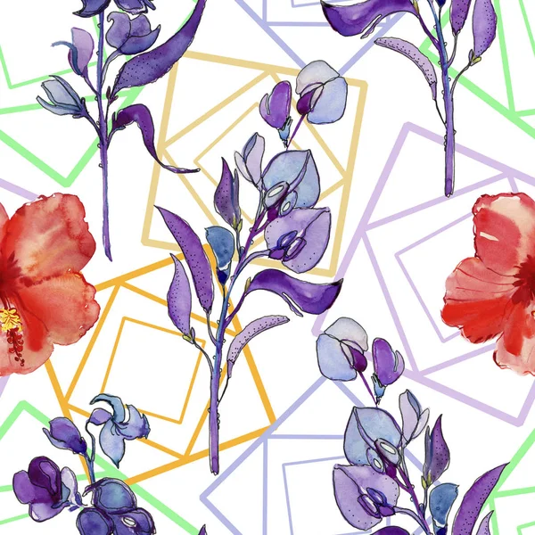 Wzór Purple Czerwone Kwiaty Akwarela Ilustracja Kafelek Tapety Tkaniny — Zdjęcie stockowe