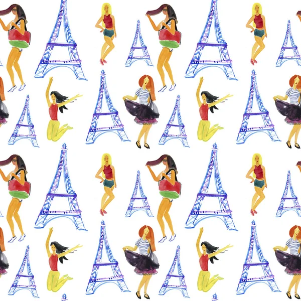 Щасливі Туристи Задоволенням Парижі Група Жінок Веселяться Франції Акварель Безшовного — стокове фото