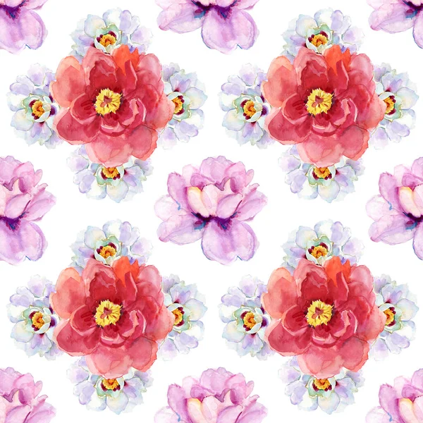 Patroon Met Aquarel Roze Rood Wit Bloemen — Stockfoto