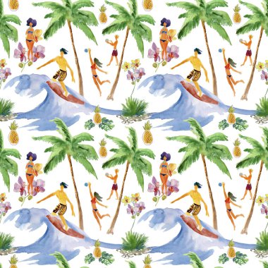 Yaz tatili suluboya seti insanları rahatlatıyor - desen