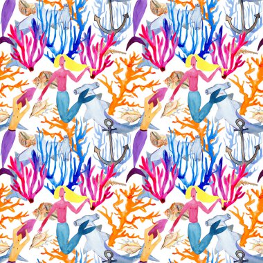 Bir dizi deniz kızı, renkli mercanlar, köpekbalıkları, deniz kabukları ve çapalar - desen