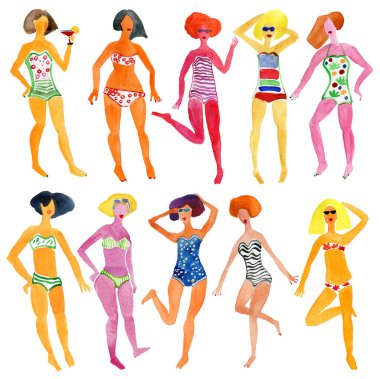 Beyaz arka planda izole edilmiş mayo giymiş kadınlar.