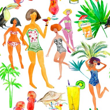 Seamless summer pattern with women in swimsuits with palms and cocktails clipart