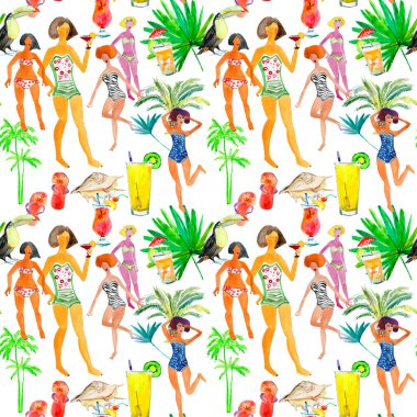 Avuç içleri ve kokteylleri olan mayo giymiş kadınlarla kusursuz yaz şablonu.