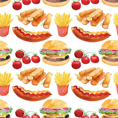 Hamburger, sosisli sandviç, patates kızartması, balık kızartması ve vişneli domates.