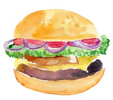 Beyaz arka planda et ve sebzeli suluboya burger