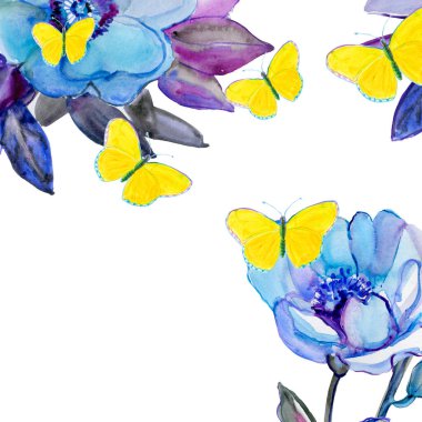 Mavi çiçekler ve sarı kelebekler beyaz arka planda izole edilmiş.