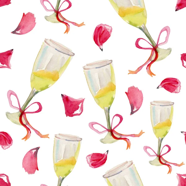 Glasses Champagne Bows Rose Leaves Pattern — Stock Photo, Image