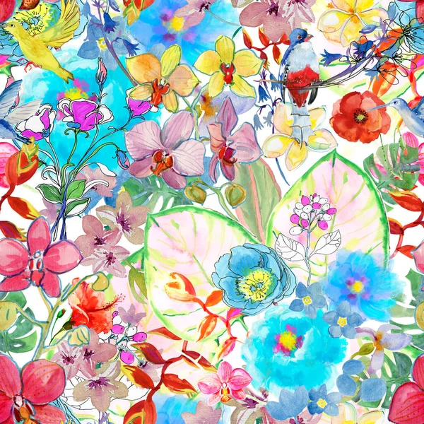 Zökkenőmentes Színes Trópusi Virágok Minta — Stock Fotó