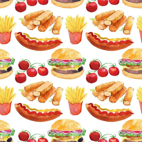 Food pattern with hamburgers, hot dogs, french fries, fish fries and cherry tomatoes