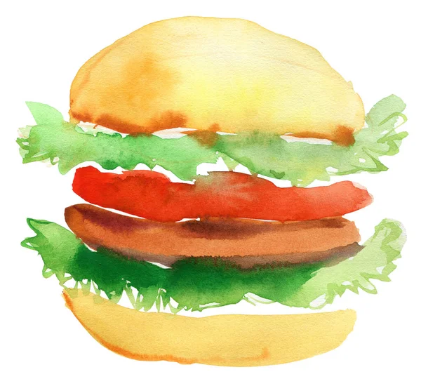 Akwarelowy Burger Mięsem Warzywami Białym Tle — Zdjęcie stockowe
