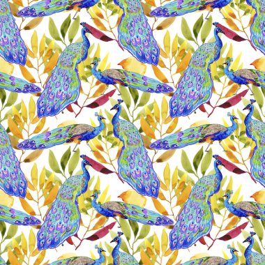 Renkli tavus kuşları ve sarı-yeşil yaprakları olan kusursuz bir arka plan.