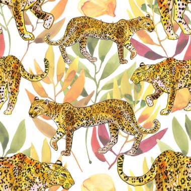 Beyaz arka planda izole edilmiş leoparlar ve yapraklarla kusursuz bir arka plan.