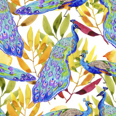 Renkli tavus kuşları ve sarı-yeşil yaprakları olan kusursuz bir arka plan.