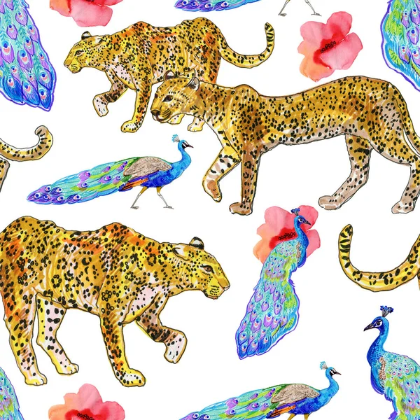 Fondo Sin Costuras Con Leopardos Pavos Reales Flores Aisladas Sobre —  Fotos de Stock