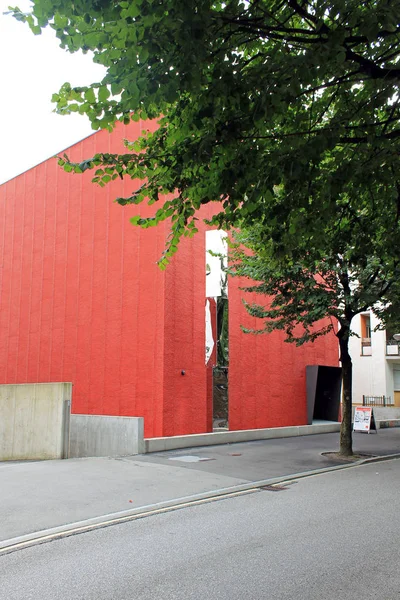 Red cube building in Locarno Museum of modern art