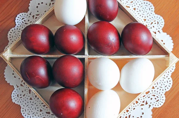 Easter Painted Eggs Square Wooden Box Table — Stock Photo, Image