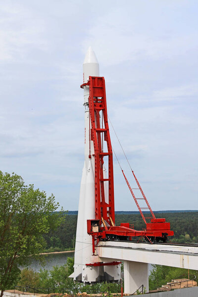 life-size model of a white rocket at the Museum of cosmonauts in Kaluga, Russia