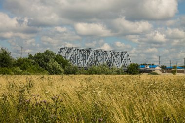Demiryolu metal köprü ve yüksek çim ile yaz çayır