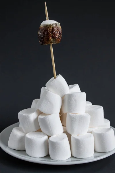 White marshmallow on a stick burnt by fire caramelized