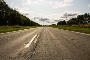 Ormandaki asfalt yol bulutlu gökyüzüne karşı ufka gidiyor